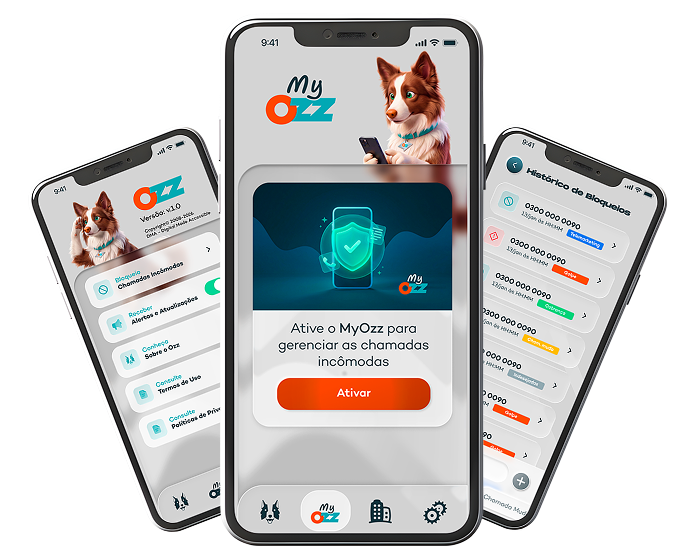 Telas do app My Ozz: menu, ativação e histórico de bloqueios