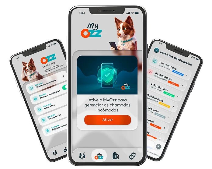 Telas do app My Ozz: menu, ativação e histórico de bloqueios
