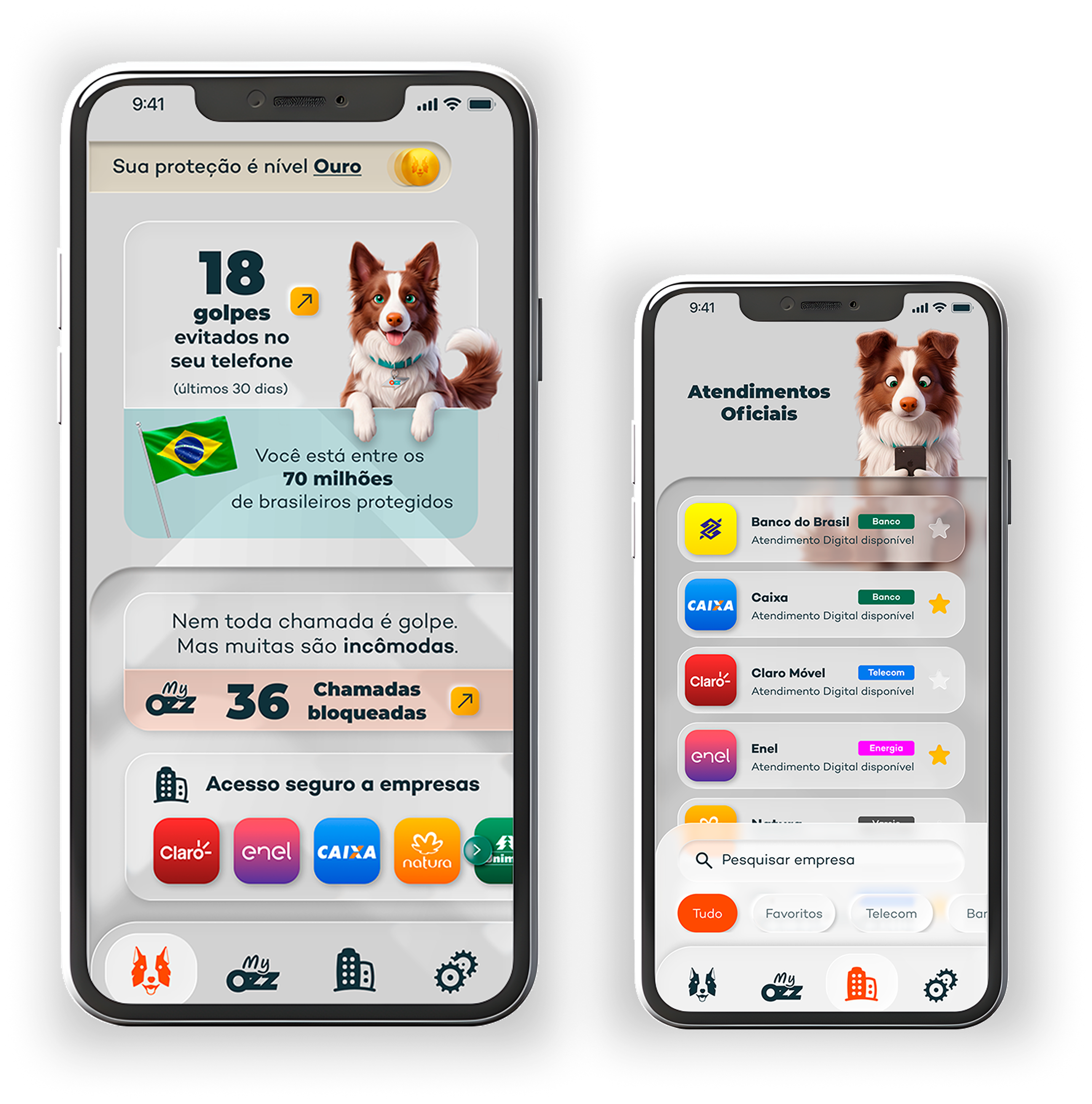 Telas do app My Ozz: proteção e atendimentos oficiais