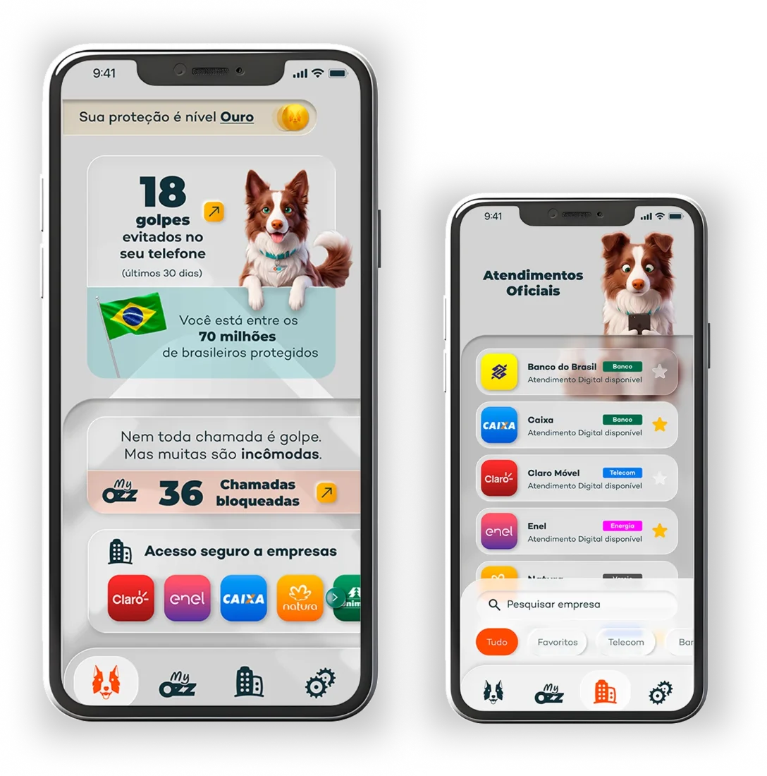 Telas do app My Ozz: proteção e atendimentos oficiais